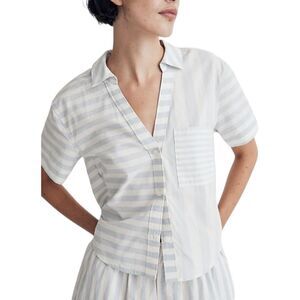 Madewell‎ Cropped Button Up Shirt XS in Weathered Blue Stripe Summer NWT